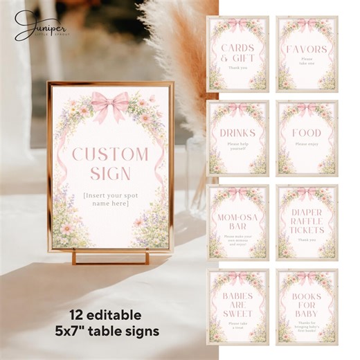 Baby in Bloom Baby Shower Table Sign, Spring Garden Baby Part Sign, Pink Bow Baby Shower, Custom Wildflower Baby Shower Station Cards - Etsy