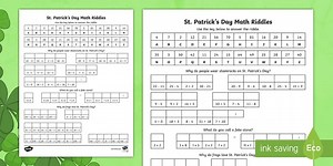 Third Grade St. Patrick's Day Whole Number Addition, Subtraction, Multiplication, and Division Crack the Code Math Riddles