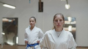 Front view of focused girls performing karate stances in gym. Medium shot of concentrated female fighters exercising together, demonstrating defending poses. martial arts, sport concept