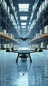 A warehouse setting featuring drones, highlighting technology in logistics and inventory management.