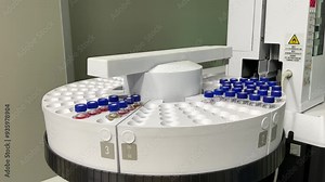 Automated laboratory sample handling system with vials in gas chromatography autosampler carousel. Modern scientific research and pharmaceutical testing equipment for chemical analysis