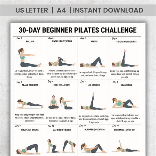 30 Day Pilates Challenge for Beginners | Printable Workout Plan | Daily Pilates Exercises Chart | Home Fitness Routine PDF Download - Etsy Israel