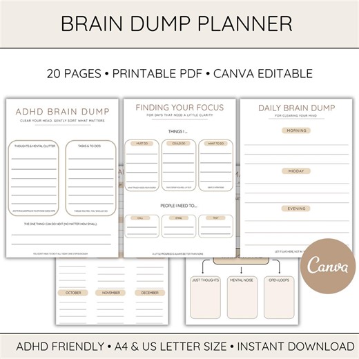 Printable Brain Dump Planner ADHD Brain Dump Journal Template Productivity Tool Task Tracker Thought Organiser Executive Function To-do - Etsy