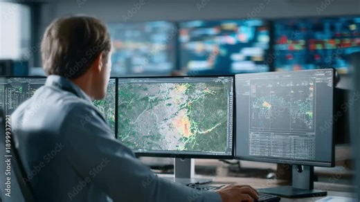 Engineer reviewing flight data on multiple monitors with cloud storage graphics showcasing the redundancy and reliability of modern data storage systems.