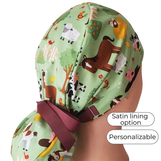 Farm Animal Ponytail Scrub Cap, Buttons, Personalization and Satin Lined Option - Etsy