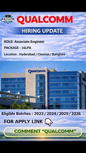 PRIMO_JOBS on Instagram: "🚨 Qualcomm Hiring Update Qualcomm is hiring Associate Engineers. 💼 Role: Associate Engineer 💰 Package: 16 LPA 📍 Location: Hyderabad / Chennai / Bangalore 🎓 Eligible Batches: 2023 / 2024 / 2025 / 2026 Core engineering work. Strong compensation. Excellent long-term growth. 👇 Comment “QUALCOMM” for details #Qualcomm #HiringUpdate #AssociateEngineer #HighPackageJobs #CoreTech HyderabadJobs BangaloreJobs 2026Batch"