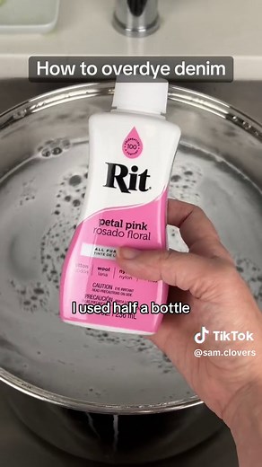 How to overdye denim! 💗 Tutorial ⬇️⬇️ A million of you watched me dye jeans orange and pink was the next most requested color! This technique of dyeing an already dyed garment is called overdye. Pink dye added to blue denim will result in purple with pink on any parts of the denim that are really light or white. If you want the denim to be just pink, start with a white denim garment like a white jacket or white jeans. The DIY tutorial instructions below will be the same for both starting with b