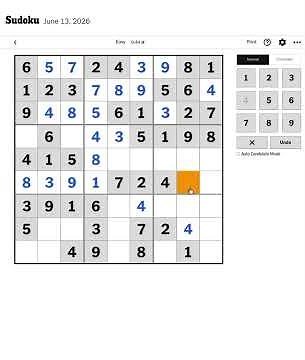 NYT Easy Sudoku Speed Solve for June 13, 2026