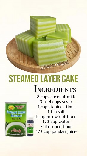 Chewy Pandan layer cake recipe ⬇️ Ingredients - 1800ml coconut milk - 480g tapioca flour - 150g arrowroot flour - 30g rice flour - 600 to 800g sugar (adjust to taste) - 1 tsp salt - 100ml water - 100ml pandan juice (blend 100ml water with chopped pandan leaves, then strain) - Optional: Food coloring Instructions 1. Combine all ingredients except for pandan juice and water in a large bowl. 2. Divide the mixture evenly into 2 bowls. Add pandan juice to one and water to the other. Add food coloring