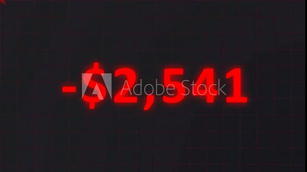 Financial Loss and Stock Market Crash Animation: Red Downward Graph with Negative Money Counter
