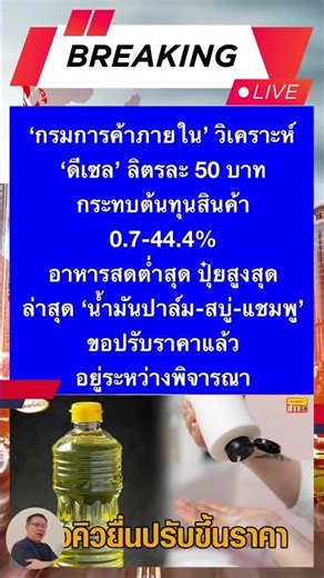 กรมการค้าภายในวิเคราะห์'ดีเซล' ลิตรละ 50 บาทกระทบต้นทุนสินค้า0.7-44.4%อาหารสดต่ำสุด ปุ๋ยสูงสุดล่าสุด