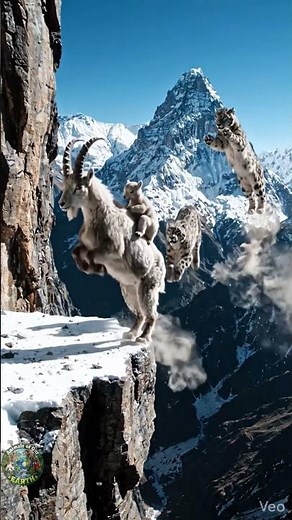 Epic Himalayan Chase: Mother Goat Carrying Baby Escapes Snow Leopard on Cliff Edge Cinematic 4K