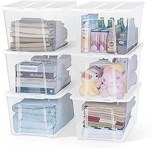 Citylife 54Quart Stackable Storage Plastic Storage Box with Tight Locking Lid Clear Storage Box Chest, Plastic Container for Organizing Clothes in Closet, 6-Pack