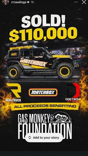 Mr_Doetsch on Instagram: "Can’t say it enough, WOW what a night! The 1:1 scale #matchbox #jeepwrangler my team at @doetschoffroad & @azautoshield built for #realtruck and #richardrawlings, sold for $110,000 last night at the 2026 #scottsdale #barrettjackson auction. 💯 of the proceeds went to the #gasmonkeyfoundation charity. 😊 #doetschmotorsports #doetschoffroad #azautoshield #jeepbeef #barrettjacksonscottsdale #gasmonkeygarage #matchboxjeep #semajeep #jeeplifestyle #jeepwave #charityauction #