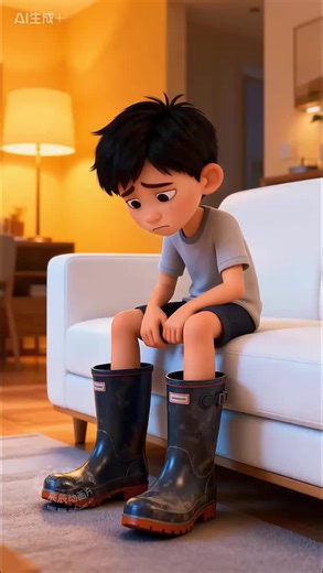 Funny Cartoon: Little Boy's Boots Problem