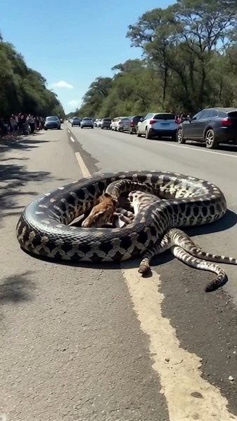 Giant python swallows zebra right on the forest road