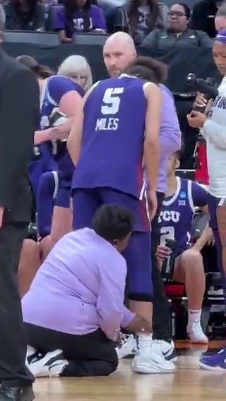 TCU star Olivia Miles went down but didn’t head to the locker room. Looks like it could just be cramps.