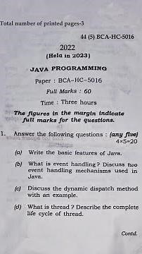 BCA 5th Semester JAVA PROGRAMING question paper 2022(Held in 2023) | JAVA PROGRAMMING question paper