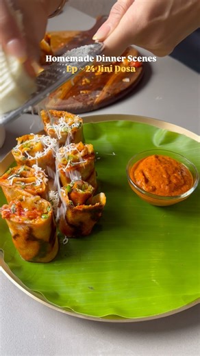 Nirali Choksi | Home Chef on Instagram: "Homemade Dinner Scenes Ep ~ 24 Jini dosa Ingredients 🥗 🔹Dosa batter - As required 🔹Onions - 1 tbsp 🔹Capsicum - 1 tbsp 🔹Cabbage - 1/4 cup 🔹Tomatoes - 1 tbsp 🔹Salt to taste 🔹Schezwan chutney - 1 tbsp 🔹Ketchup - 1 tbsp 🔹Chilli powder - 1 tsp 🔹Jeera powder - 1 tsp 🔹Green chillies - 1 🔹Coriander - Handful 🔹Chat masala - 1 tsp 🔹Butter - As required 🔹Cheese - 1/2 cube 🔹Paneer - 20g Chutney: Tomatoes - 2 Rai - 1 tsp Oil - 1 tbsp Jeera - 1 tsp Cha