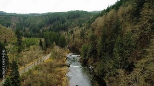 Flight over scenic Washougal River just above Dougan Falls, unimproved road parallels the river