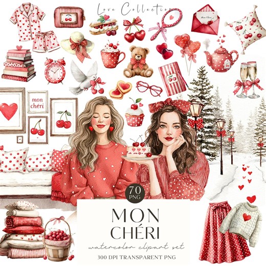 Watercolor Mon Chéri Valentine's Day Clipart, Cute Valentine Graphics, St Valentin PNG, Scrapbooking, Digital Stickers, Commercial Use - Etsy