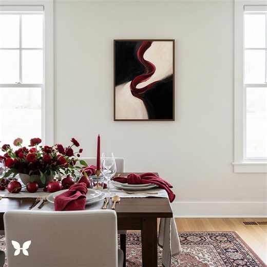 Abstract Black & Ivory Color Field With Crimson Ribbon | Oil Painting Fine Art Print | Quiet Luxury Art | Digital Download