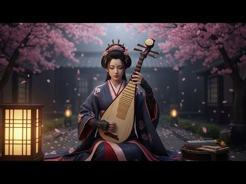 A beautiful Chinese woman with an attractive and graceful while playing a traditional pipa