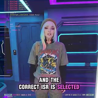 simulated hardware events come in, an IRQ number is generated, and the correct ISR is selected through a function pointer table.