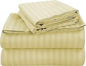ROYALE LINENS 4 Piece Full Sheets Set - Soft Brushed 1800 Microfiber Bedding - 1 Fitted, 1 Flat Sheet, 2 Pillow Cases - Wrinkle Free & Fade Resistant - Hotel Luxury Bed Sheets (Stripe Beige, Full)