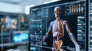 A high-resolution digital simulation of a human skeleton with internal organs displayed on a computer screen. The screen shows detailed anatomy, likely used for medical education or analysis. The
