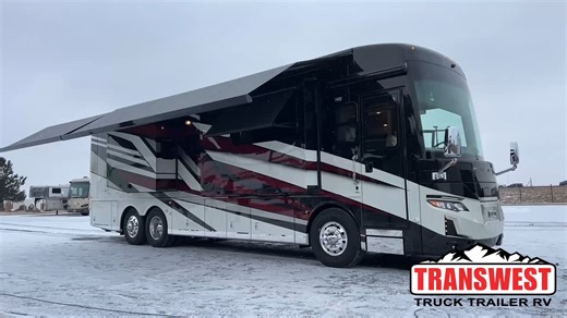 #toddthornton is walking around a 2026 #newmarrv Mountain Aire 3825 - 5U260043 This Used RV is the Hot Rod of the Class A RVs being the sortest most powerful Class A on the market built on a Spartan K3 RV chassis, Powered by a 525 horsepower Cummins turbo diesel engine coupled with the Alison 4000 MH 6-speed automatic transmission making this the most powerful 38' foot Motorhome on the market, and a 150-gallon fuel tank will get you where you need to go, along with your tow car, boats, and trail
