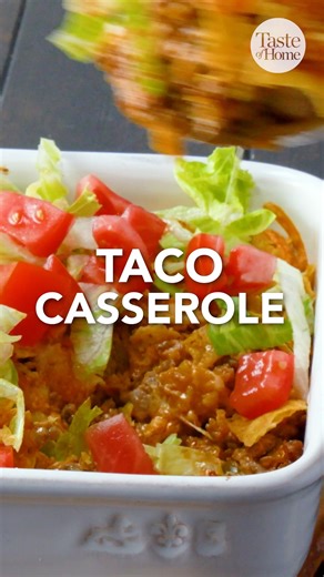 All the best parts of taco night layered in one dish! Full recipe here: bit.ly/40LQIgU | Taste of Home