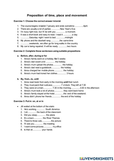 Preposition of time, place and movement worksheet