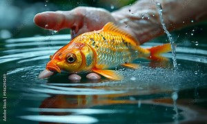 In early morning light, a hand delicately cradles an orange koi fish before it is released into the calm pond, creating ripples in the serene water