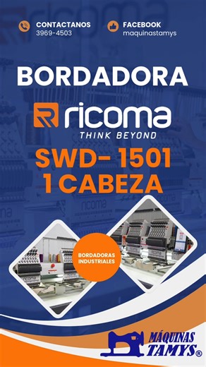 La RICOMA SWD-1501 llegó para llevar tu negocio al siguiente nivel 💙🪡 Una bordadora de una cabeza, 15 agujas, pantalla HD táctil y brazo cilíndrico para que bordes gorras, camisetas, chaquetas ¡y más! 📦 Entrega hasta la puerta de tu negocio. ✅ Somos distribuidor autorizado Ricoma en Guatemala y Belice 📲 Escríbenos al 502 3019-6825 y cotiza hoy mismo. | Máquinas TAMYS