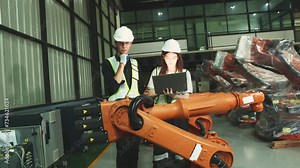 Male and female electrician robot engineer inspecting new welding robot testing electrical installation process with laptop electronic automation system setup in warehouse modern business industry 4.0