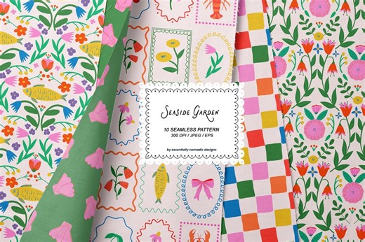 Summer Coastal Floral Digital Paper Set, Colorful Sea Life Seamless Patterns, Fish Crab Floral Prints, Retro Bright Fabric Scrapbook Design - Etsy