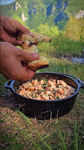 Chicken of the Woods Mushroom Stew in a Cast Iron Pan Over Fire