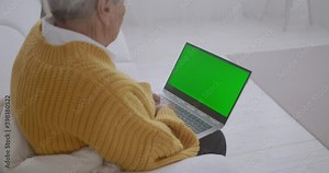 Mature woman nodding her head yes while looking at a green screen computer. Elderly mature woman with gray hair and a video call on her Laptop. Laptop with a green screen
