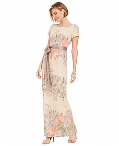 Adrianna Papell Women's Floral-Print Short Sleeve Satin Gown - Macy's
