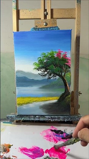 How to paint flowers on a green tree with an old worn brush | Easy acrylic tutorial for beginners