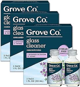 Grove Co. Glass Cleaner, Refill Concentrate (6 x 1 Fl Oz) Streak Free, Plant-Based Household Cleaning Supplies, No Plastic Waste, 100% Natural Lavender & Thyme Fragrance, 3 x 2 Pack Refills