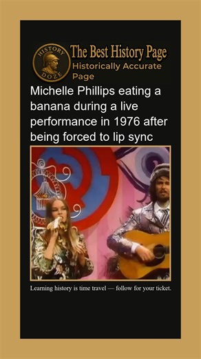 History doze on Instagram: "During a 1976 TV performance with The Mamas & The Papas, Michelle Phillips and her band were forced to lip-sync — a common practice at the time. Annoyed that she couldn’t actually sing live, she pulled out a banana mid-song and ate it right there on stage. The audience didn’t miss a note — but they definitely got the message. Her rebellious move became one of the earliest and funniest protests against fake performances in music television. 👉 For personality-filled mu