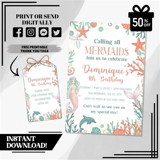 Editable Mermaid Birthday Invitation | Under the Sea Party Invite | Magical Mermaid Printable Template | Instant Download - Etsy