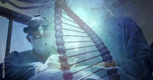 Lead surgeon performing medical procedure in operating room, with animated double helix overlay