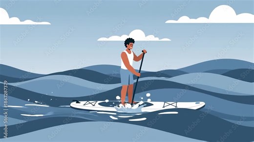 Stand Up Paddling Adventure Man Cartoon Style Animated On A Wave With Paddle In Ocean