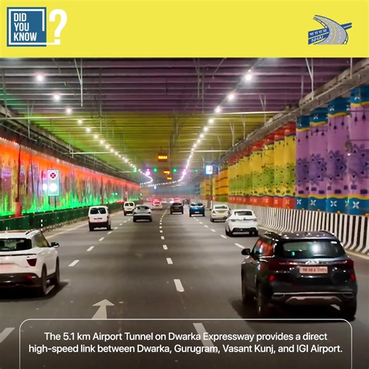 The 5.1 km long Airport Tunnel on #DwarkaExpressway is India’s longest and widest urban road tunnel! Equipped with advanced safety features like CCTV monitoring, a central control room, and emergency exits, it ensures a safe and seamless travel experience. This engineering marvel helps in reducing traffic congestion on NH-48, NH-44, Ring Road, and Barapulla Corridor, while enhancing connectivity to Yashobhoomi, Delhi Metro, and Bijwasan station. #NHAI #DecongestingDelhi #BuildingANation | Nation