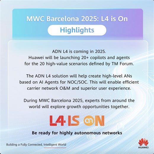 501K views · 876 reactions | Explore new growth opportunities with the arrival of ADN L4 this 2025, advancing intelligence to a new level for a superior user experience. Join #Huawei from March 3-6 at #MWC25 in Barcelona and learn from key industry leaders how to leverage AI-Centric solutions for optimised network O&M. For more info, visit: https://bit.ly/4gAsMl1 #5GAdvanced #InnovateForImpact | Huawei | Facebook