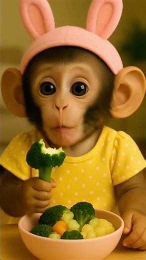 A cute baby monkey even eats broccoli well! 🥦🐵💚