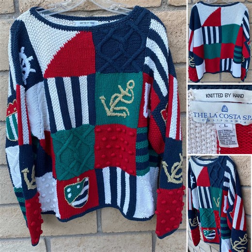 Nautical patchwork perfection ⛵ Hand-knit ramie cotton, cable popcorn knit texture Size Large — coastal preppy, yacht club vibes— true vintage character 🤍 May or may not still be available @ebay https://ebay.us/m/UVLbbx #nauticalstyle #coastalgrandmother #vintagefashion #patchworksweater #resortwear